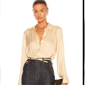 L'AGENCE Pale Yellow Satin Jacquard Button-Front Blouse